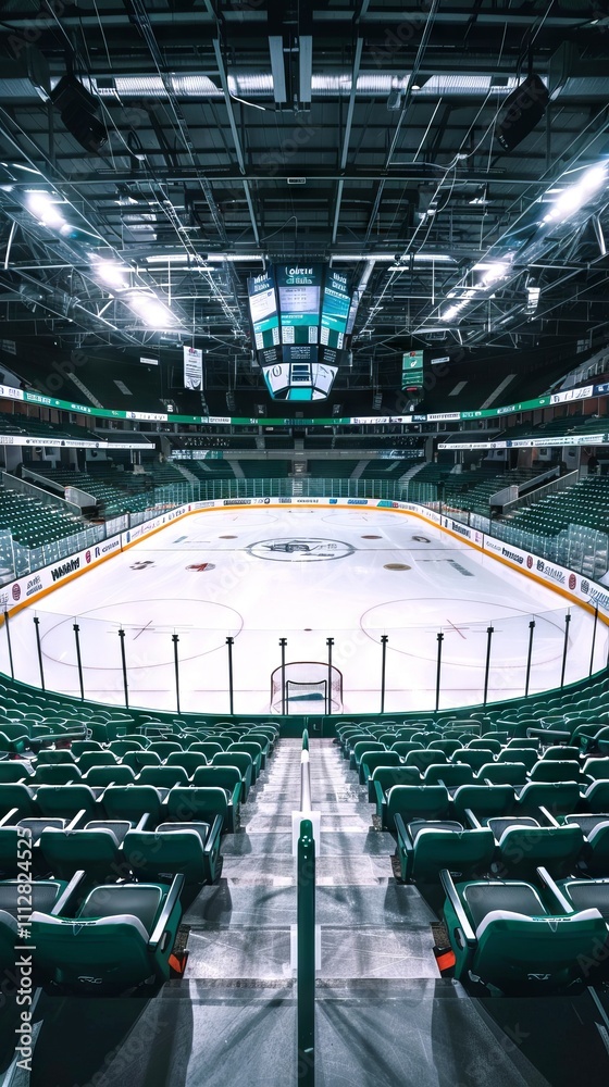 Obraz premium Empty Hockey Arena with Freshly Resurfaced Ice Capturing the Essence of Sports Venues, Anticipation, Calmness Before the Game, and Athletic Spirit. Vertical