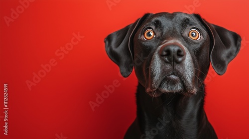 Black dog with expressive eyes poses against a vibrant red background copy space