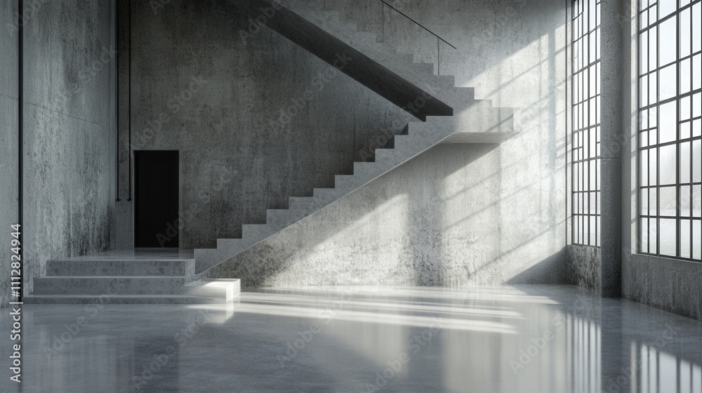 Obraz premium Modern Concrete Architecture Interior Design: Sunlit Industrial Loft with Staircase and Large Windows