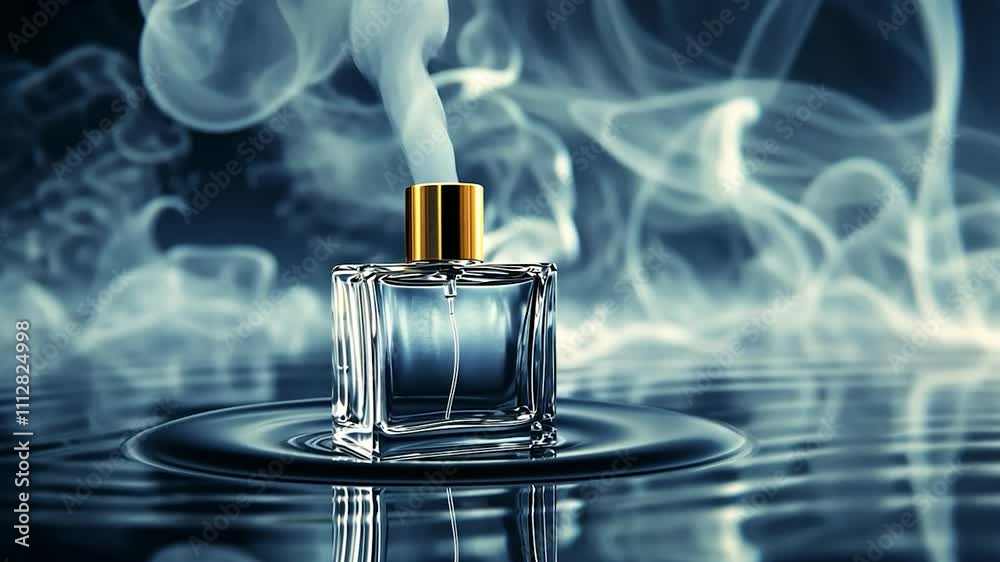 A luxurious blue glass perfume bottle with a spray nozzle, showcasing fragrance and beauty products