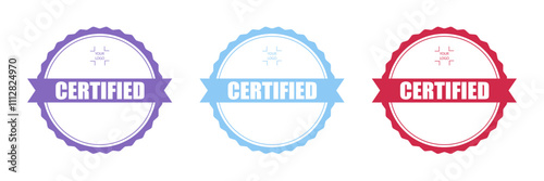 The visual features three distinct certified badges in purple, blue, and red. Each badge prominently displays the word certified, ideal for marking official designations or achievements