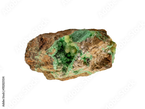 Annabergite is an arsenate mineral consisting of a hydrous nickel arsenate