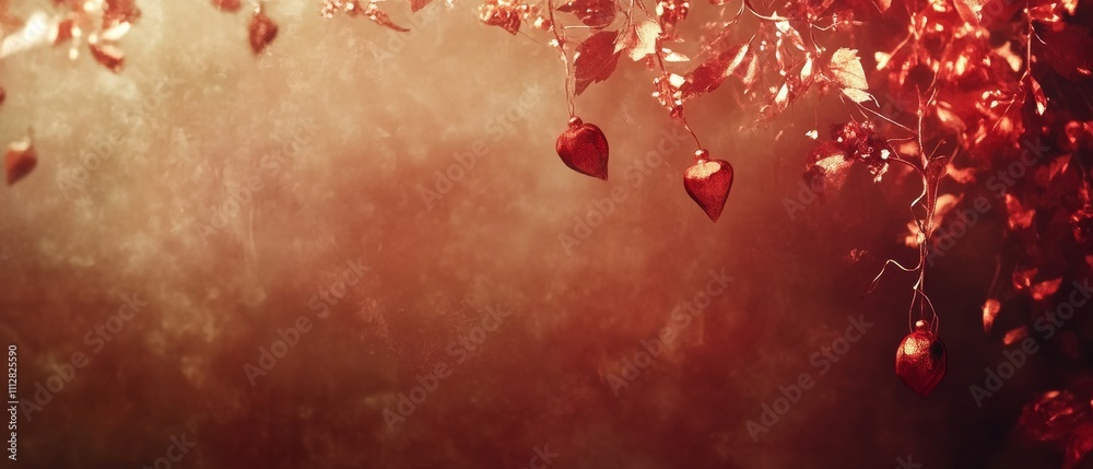 Obraz premium Chinese New Year A red background with a tree branch with red leaves and hearts