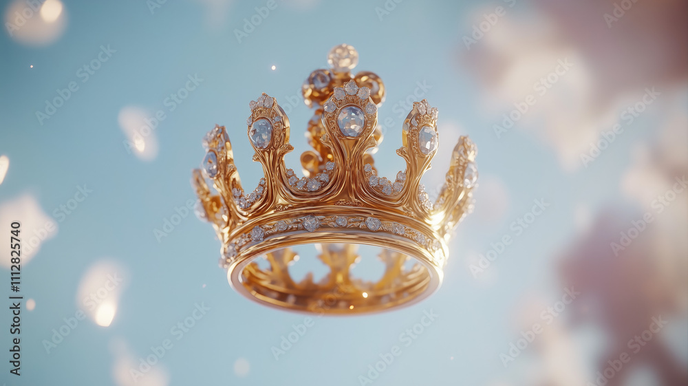A regal and elegant golden crown hangs in mid-air against a pure and crystal-clear background, exuding a sense of supremacy and majesty. Generative AI A regal and elegant golden crown hangs in mid-air against a pure and crystal-clear background, exuding a sense of supremacy and majesty. Generative AI