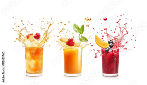 Orange juice and fruit compote splash collection. Vibrant splashes of orange juice and mixed fruit compote erupt from glasses, with colorful drops and fresh fruit accents on a clean white background.