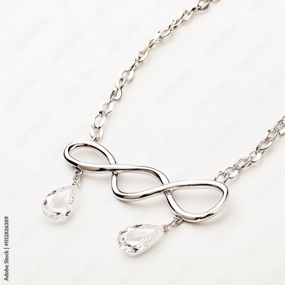 Elegant silver necklace with infinity-shaped loops and teardrop diamond pendants, featuring polished metal details and a delicate chain, perfect for sophisticated and timeless fashion. Elegant silver necklace with infinity-shaped loops and teardrop diamond pendants, featuring polished metal details and a delicate chain, perfect for sophisticated and timeless fashion.