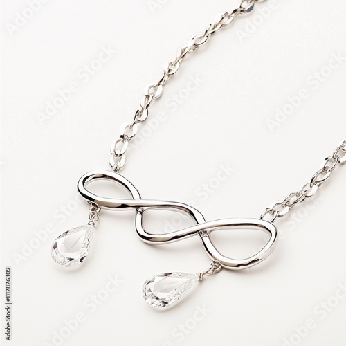 Elegant silver necklace with infinity-shaped loops and teardrop diamond pendants, featuring polished metal details and a delicate chain, perfect for sophisticated and timeless fashion.