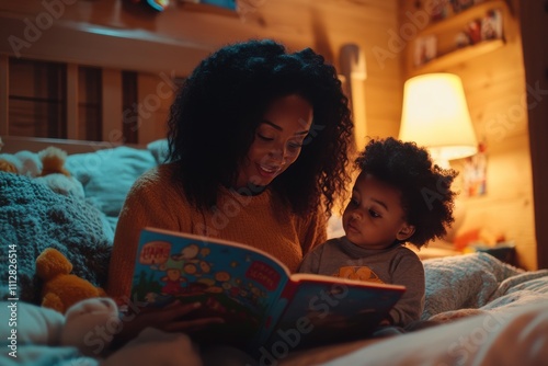 Heartwarming moment of a mother reading a bedtime story to her young child in a cozy, warmly lit bedroom, ideal for family and parenting themes