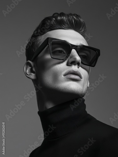 High-fashion black-and-white portrait of a man model in oversized sunglasses and a sleek turtleneck, ideal for luxury and editorial themes photo