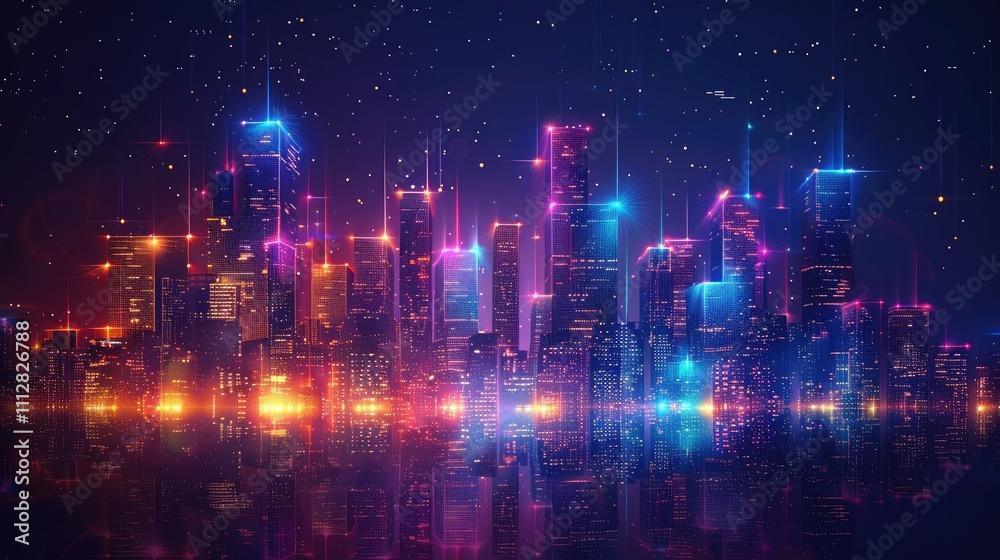 Futuristic city skyline at night with vibrant neon lights and digital effects. Futuristic city skyline at night with vibrant neon lights and digital effects.