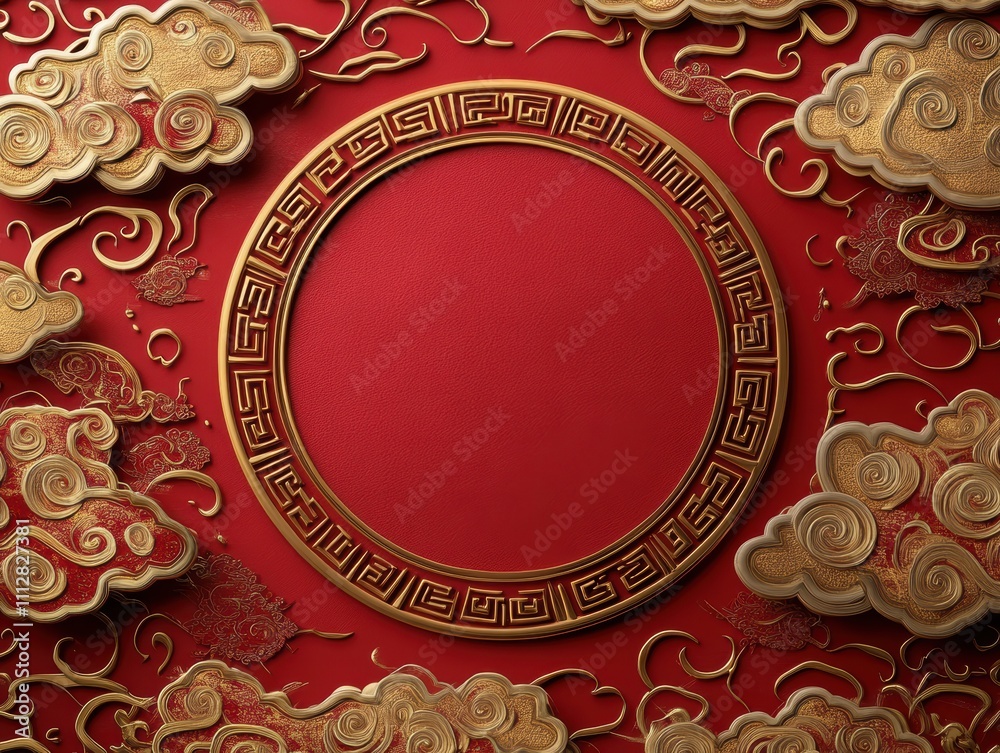 A decorative red background with golden clouds and a circular frame. A decorative red background with golden clouds and a circular frame.