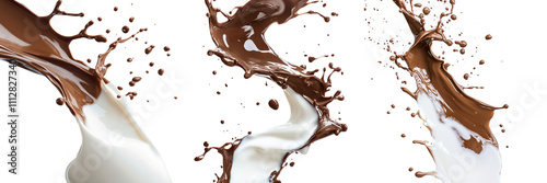 Set of milk and chocolate splashing together isolated on a transparent background photo