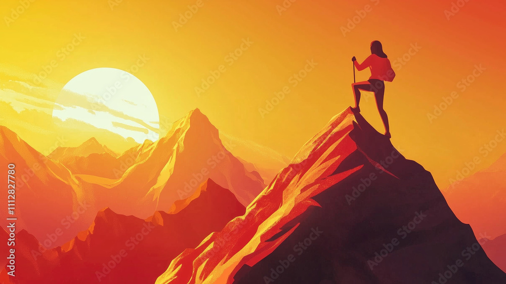 Ai generative illustration of woman climbing a mountain in the peak at sunset enjoying the views Ai generative illustration of woman climbing a mountain in the peak at sunset enjoying the views
