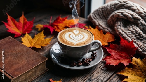 Autumn scene with coffee, book, and knitted blanket photo