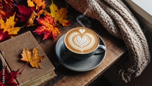 Autumn scene with coffee, book, and knitted blanket photo