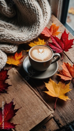 Autumn scene with coffee, book, and knitted blanket photo