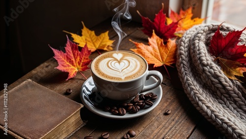 Autumn scene with coffee, book, and knitted blanket photo