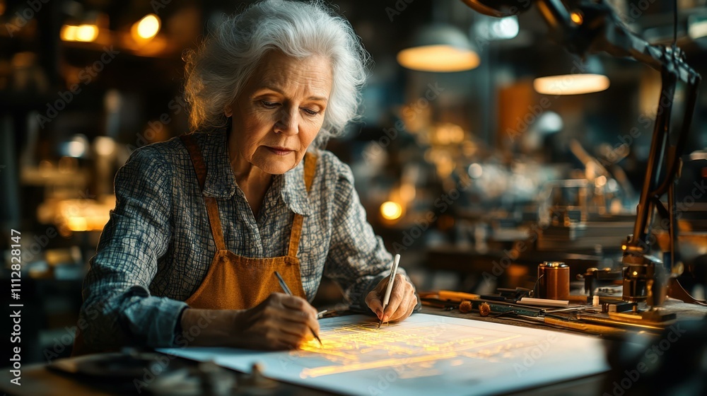 A Elderly woman designing in CAD software her glowing precision bringing her ideas to virtual life