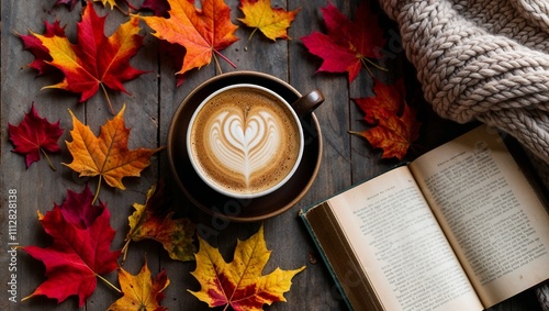 Autumn scene with coffee, book, and knitted blanket photo