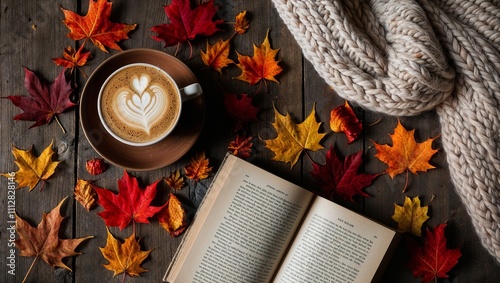 Autumn scene with coffee, book, and knitted blanket photo