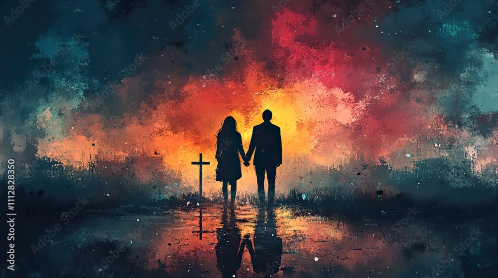 people holding hands and looking at the cross digital watercolor painting people holding hands and looking at the cross digital watercolor painting