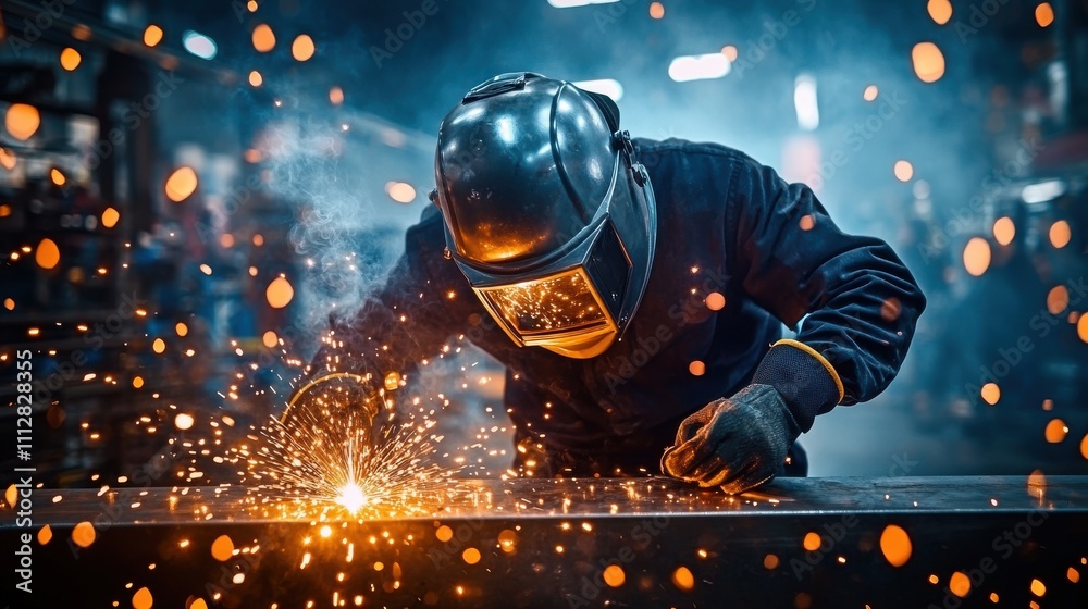 Welding professional working with sparks in a workshop setting Welding professional working with sparks in a workshop setting