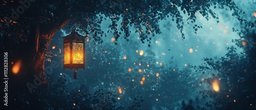 Chinese New Year A lantern hanging from a tree in a forest at night