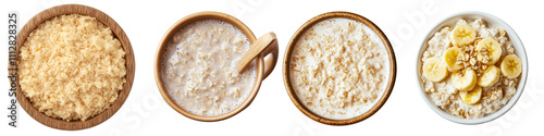 Set of catmeal in a bowl, top view, isolated on transparent background. photo