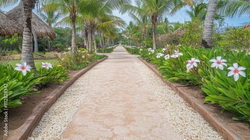 Tropical walkway lined with palm trees and flowers. Lush landscaping with a paved path.