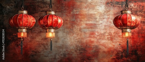 Chinese New Year Three red lanterns hanging from the ceiling
