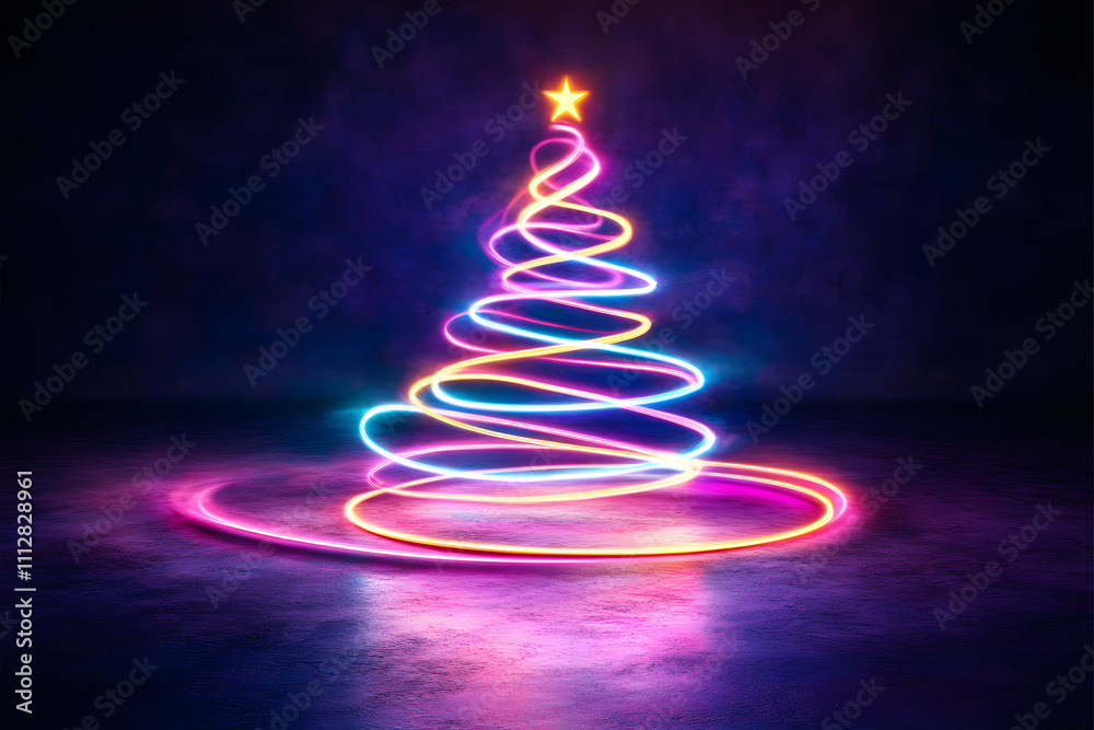 Colorful neon Christmas tree on dark background. Colorful neon Christmas tree on dark background.