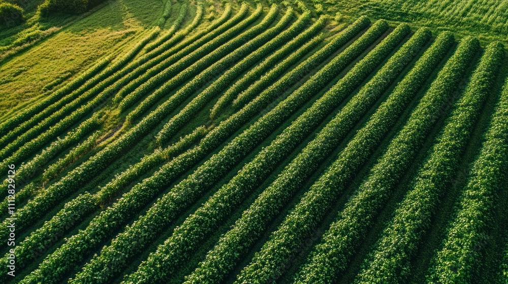 Aerial view of lush green crop fields in neat rows. Aerial view of lush green crop fields in neat rows.