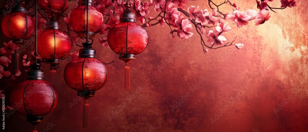Fototapeta premium Chinese New Year A red and gold background with red lanterns hanging from a tree