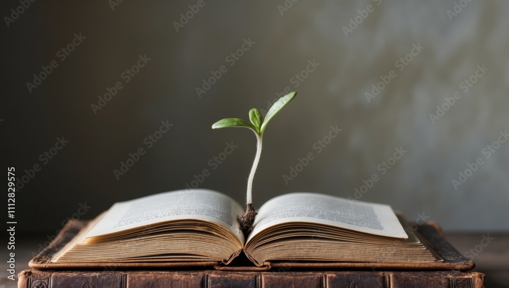 Seedling Sprouting from Weathered Book Symbolizing New Knowledge and Beginnings. Seedling Sprouting from Weathered Book Symbolizing New Knowledge and Beginnings.