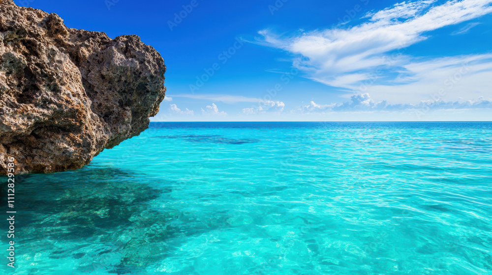 A serene coastal scene featuring clear turquoise waters, a rocky shoreline, and a bright blue sky with wispy clouds. A serene coastal scene featuring clear turquoise waters, a rocky shoreline, and a bright blue sky with wispy clouds.