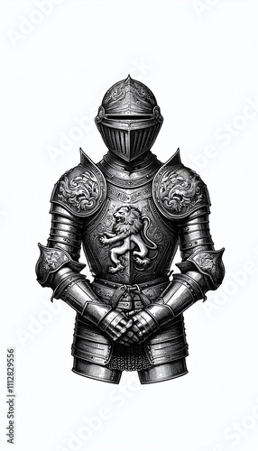 Medieval knight in full plate armor, classic armor design with lion emblems sketch engraving. Scratch board imitation. Black and white.Generative AI.