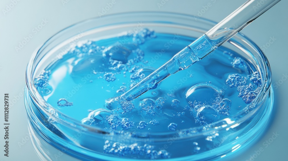 Close-up of a clear petri dish filled with vibrant blue liquid and bubbles, with a pipette creating ripples. Close-up of a clear petri dish filled with vibrant blue liquid and bubbles, with a pipette creating ripples.