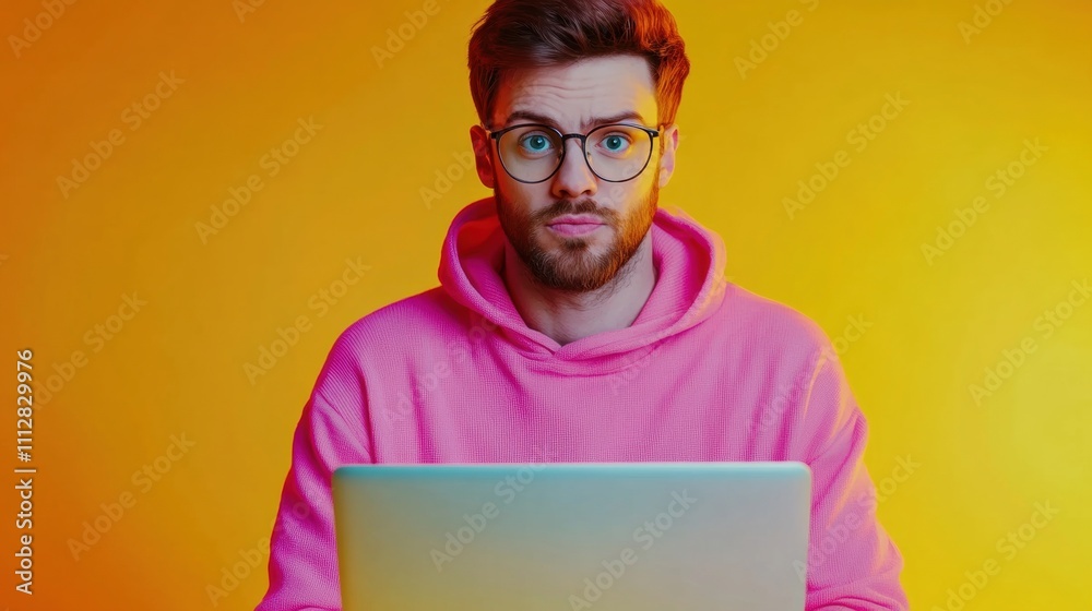 Young Caucasian male wearing a pink hoodie, looking surprised while using a laptop against a vibrant orange background. Young Caucasian male wearing a pink hoodie, looking surprised while using a laptop against a vibrant orange background.