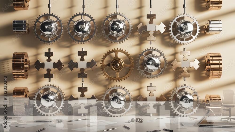 Intricate Gear Puzzle Mechanism, Teamwork, Collaboration, and Innovation Concept Intricate Gear Puzzle Mechanism, Teamwork, Collaboration, and Innovation Concept