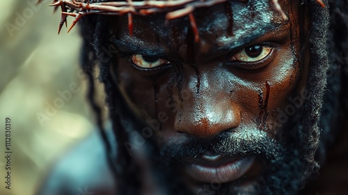 portrait of black jesus christ with crown of thorns on his head photorealistic portrait close up