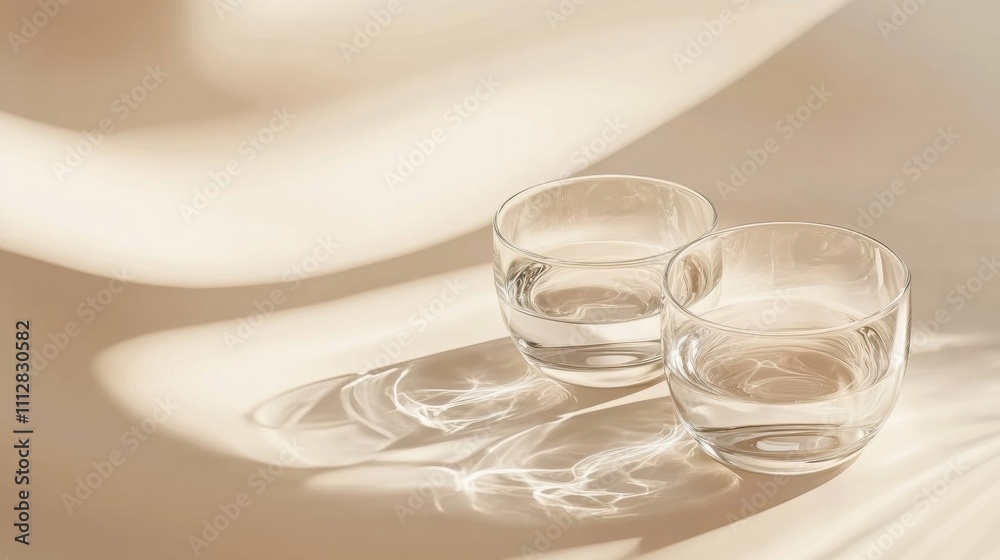 Two clear glasses filled with water, casting soft shadows on a beige surface, illuminated by gentle light. Two clear glasses filled with water, casting soft shadows on a beige surface, illuminated by gentle light.