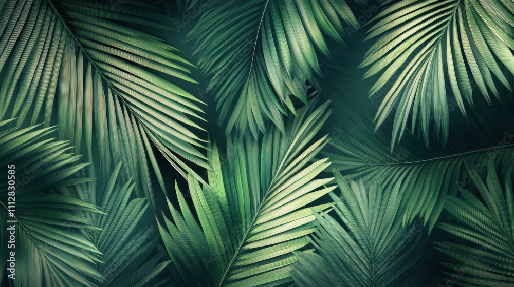Lush green palm leaves create a vibrant and tropical backdrop, invoking a sense of nature's serenity. Lush green palm leaves create a vibrant and tropical backdrop, invoking a sense of nature's serenity.
