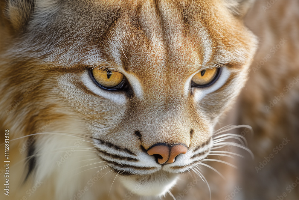Obraz premium Close-up portrait of a lynx looking at a prey in 3/4 position. Endangered animal. AI