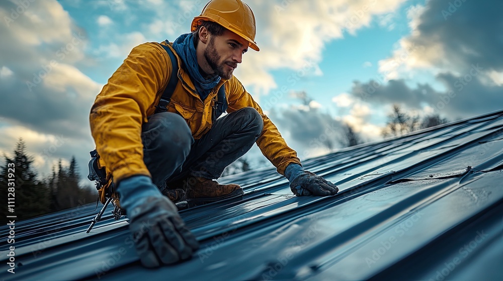 professional roofer working on an iron roof made of steel and iro professional roofer working on an iron roof made of steel and iro