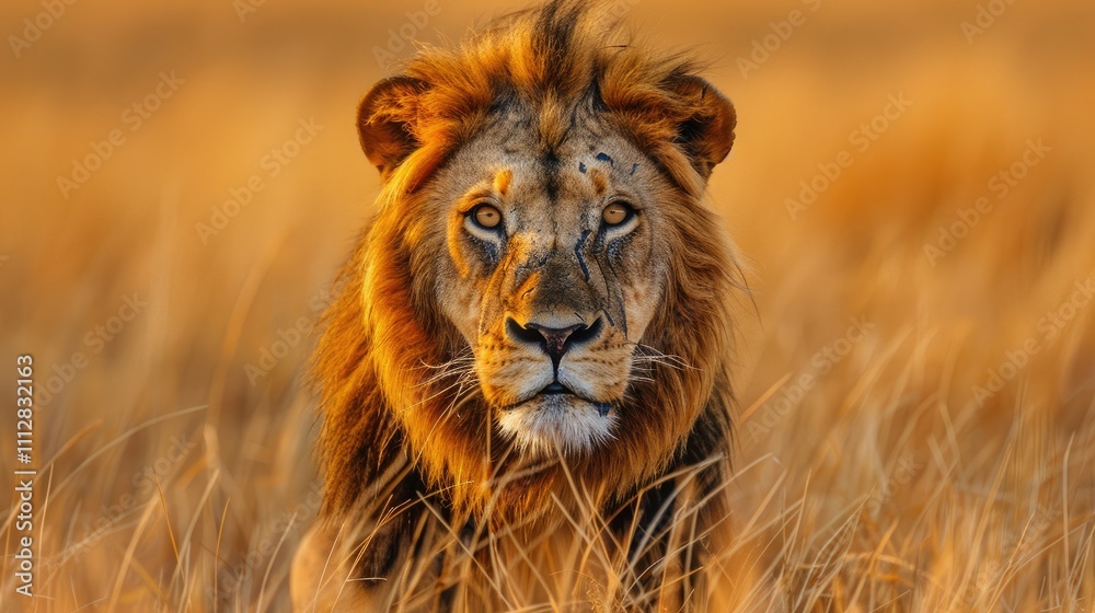 Fototapeta premium Majestic male lion in golden savanna grass at sunset, intense gaze.