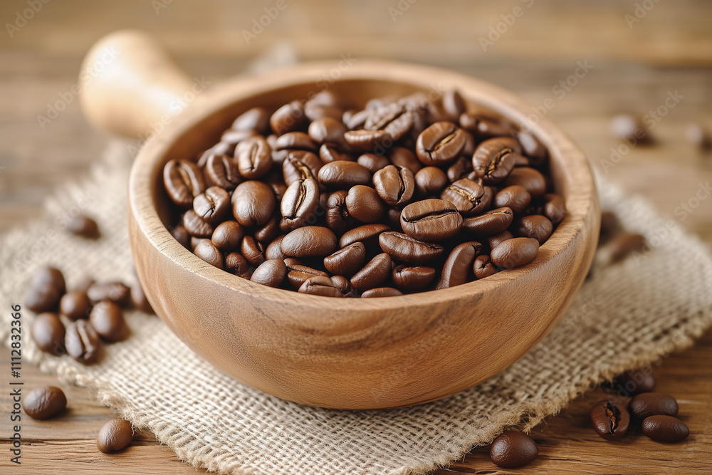 Fototapeta premium Roasted coffee beans inside a rustic hand-carved wooden bowl on an antique wooden table. AI