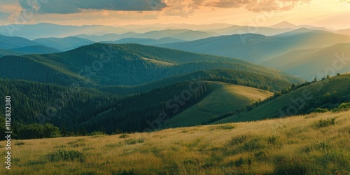 Down The Mountain. Sunset in Carpathian Mountain Range with Forested Hills and Grassy Meadows