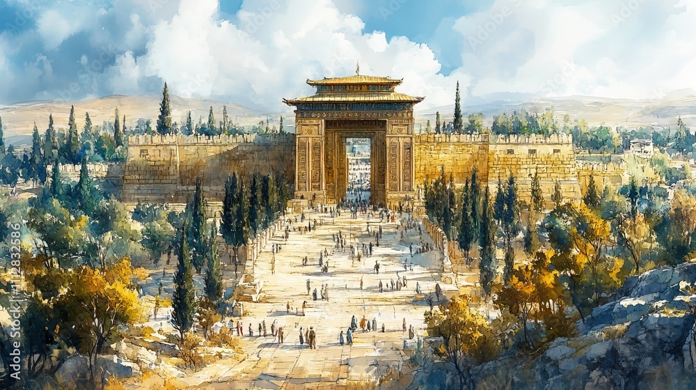 Fototapeta premium rebuilding the temple of jerusalem ezra 1 6 haggai 1 2 digital watercolor illustration