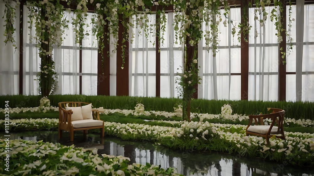 Elegant wedding ceremony setup with white flowers, greenery, and wooden chairs. Elegant wedding ceremony setup with white flowers, greenery, and wooden chairs.