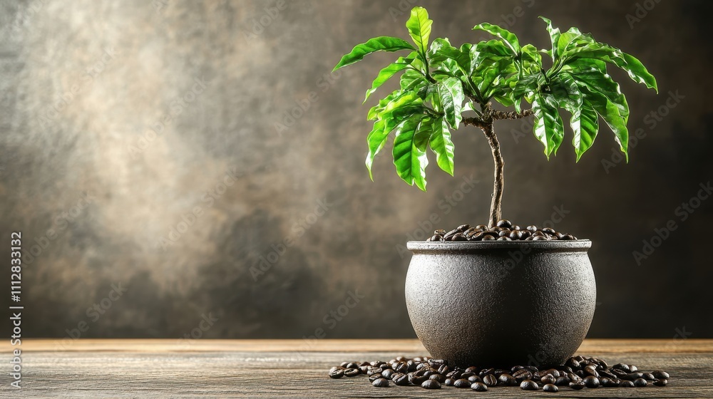Coffee plant in dark pot with coffee beans. Coffee plant in dark pot with coffee beans.